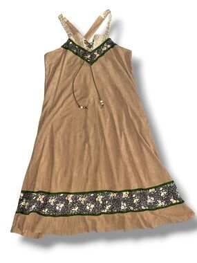 Vintage 70s Camel Midi Dress Pockets Floral Fabric Trim Ribbon Cut-Out Straps S